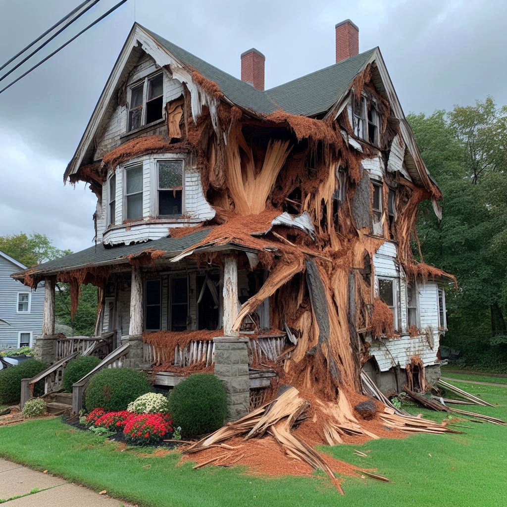 Blog Article - Tree with visible damage, including broken branches and signs of disease near an Canton home